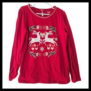 CARTER'S Christmas Reindeer Jersey T-shirt Red‎ Long Sleeves Shimmer Girls Sz 12